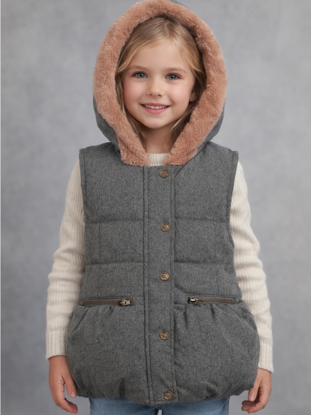 Nicole Miller Girls Gray Puffer Vest Faux Fur Hood Size 6 (1295)